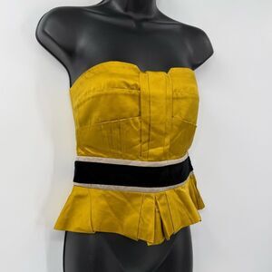Bally Strapless Silk Peplum Corset Top in Mustard Yellow / Black | Size 0/2